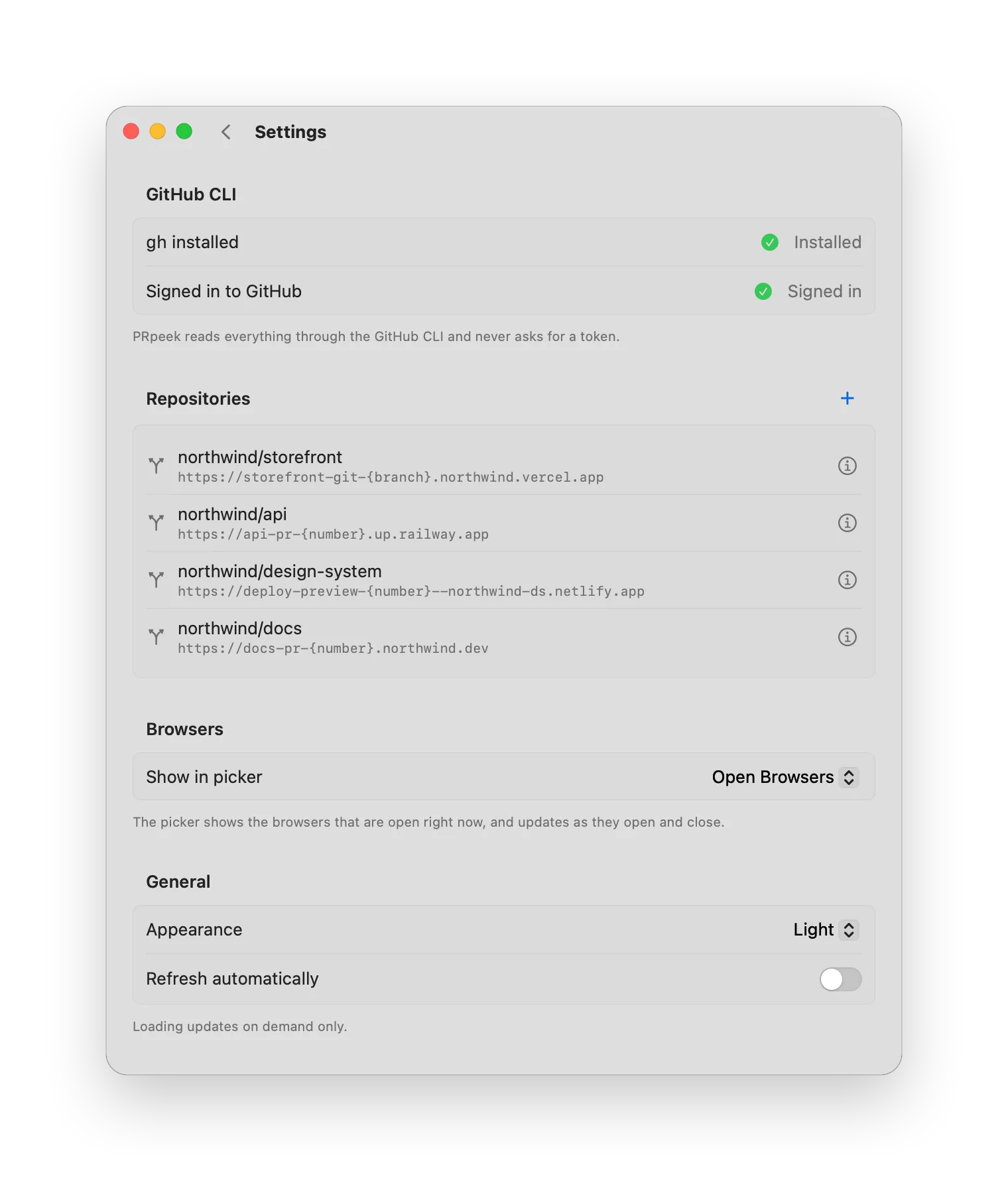 PRpeek settings: GitHub CLI status, watched repositories with their preview URL patterns, browsers and appearance